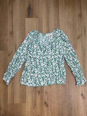 LOFT White Blouse with Green Floral Print and Ruffle Neck
